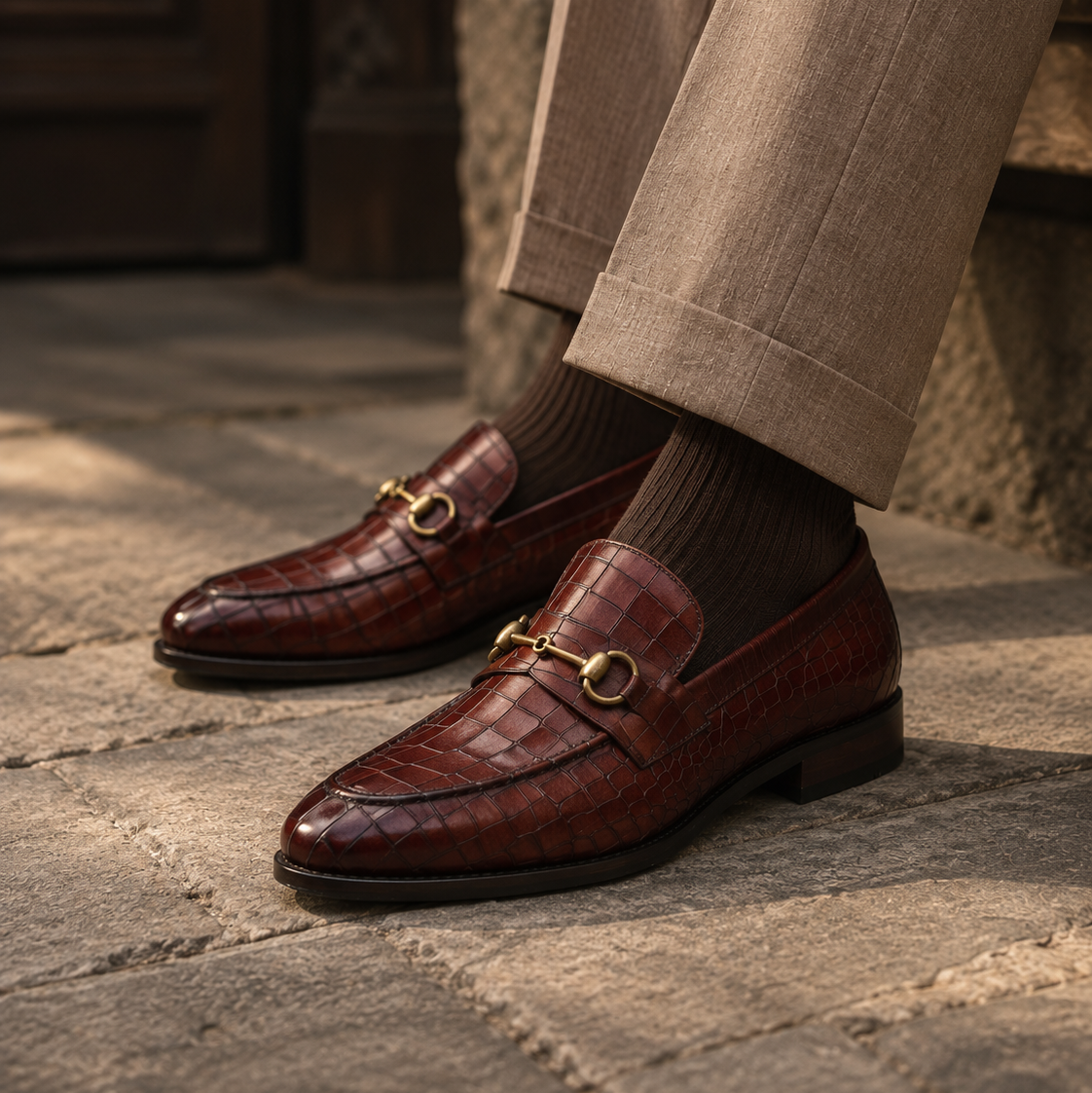 MOCASSIN HORSEBIT EN CUIR FAÇON CROCO - COGNAC